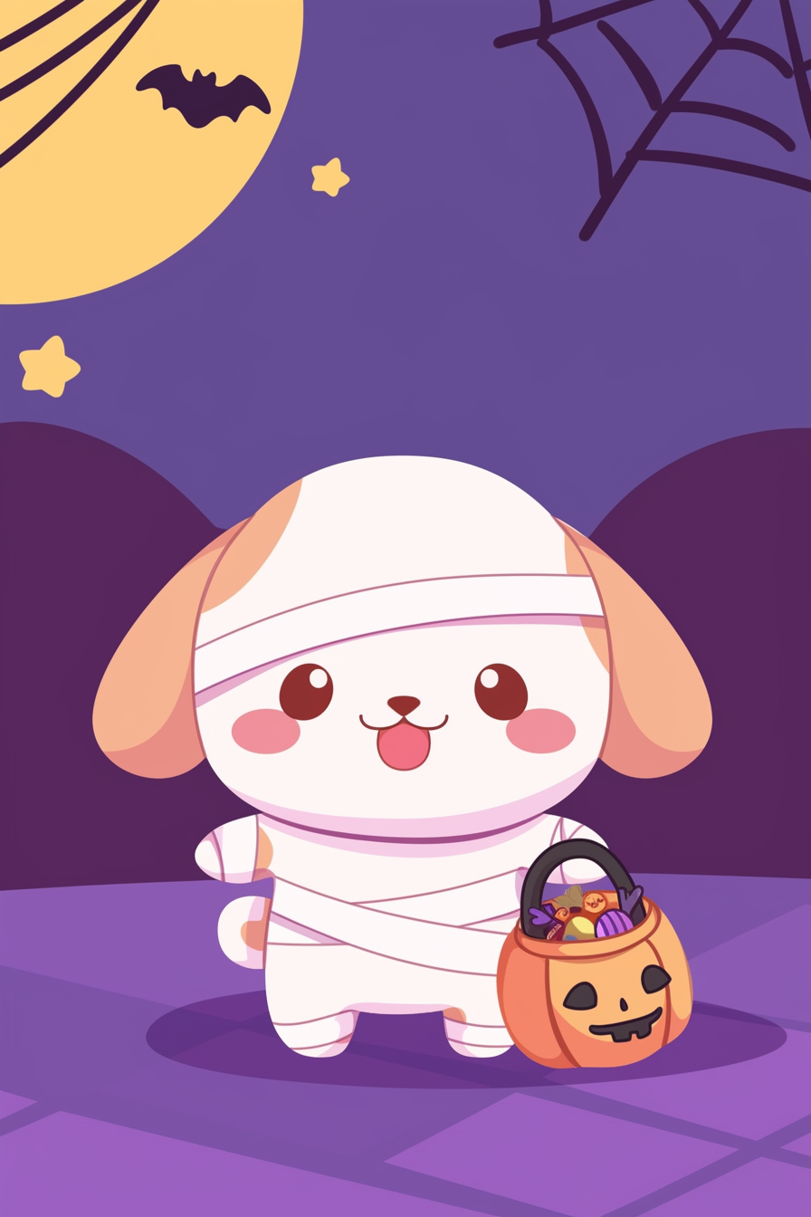 halloween cute animals drawings 2: A charming illustration of a puppy wrapped in mummy bandages next to a pumpkin basket on Halloween.